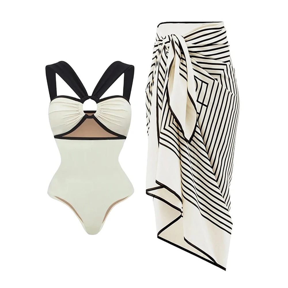 

Colorblocked One-Piece Swimsuit And Beach Kaftan Dress Women's Elegant Fashion Bikini Set 2023 Holiday Bathing Suit Beachwear
