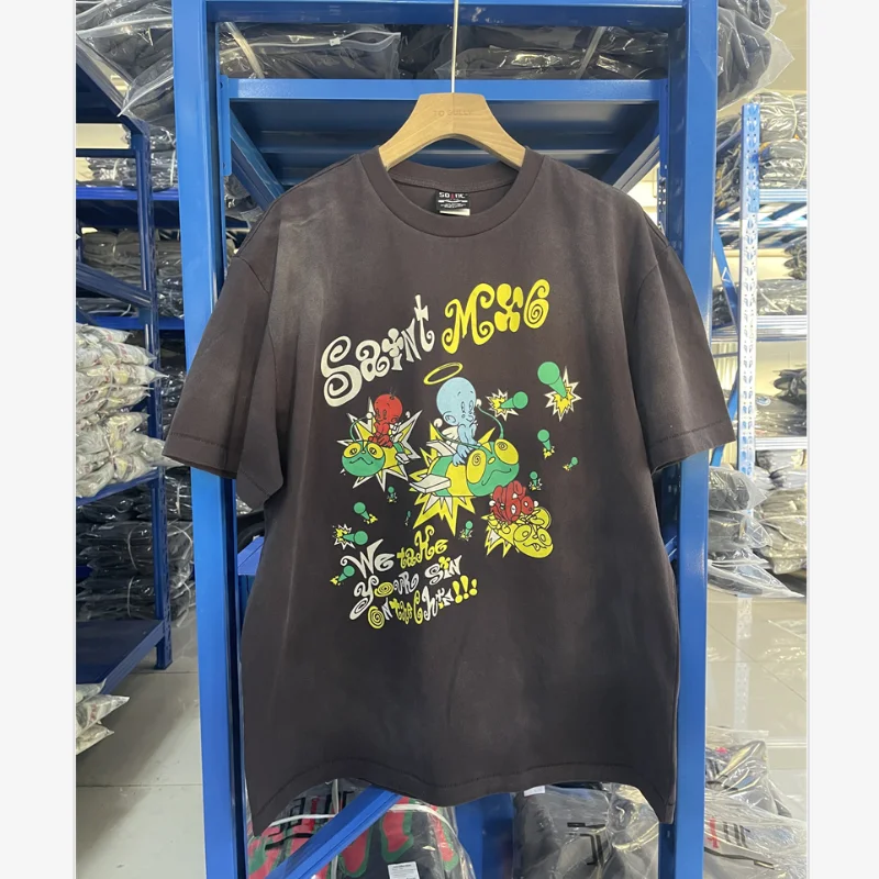 Винтажная потертая черная футболка в стиле хип-хоп из плотной ткани негабаритная