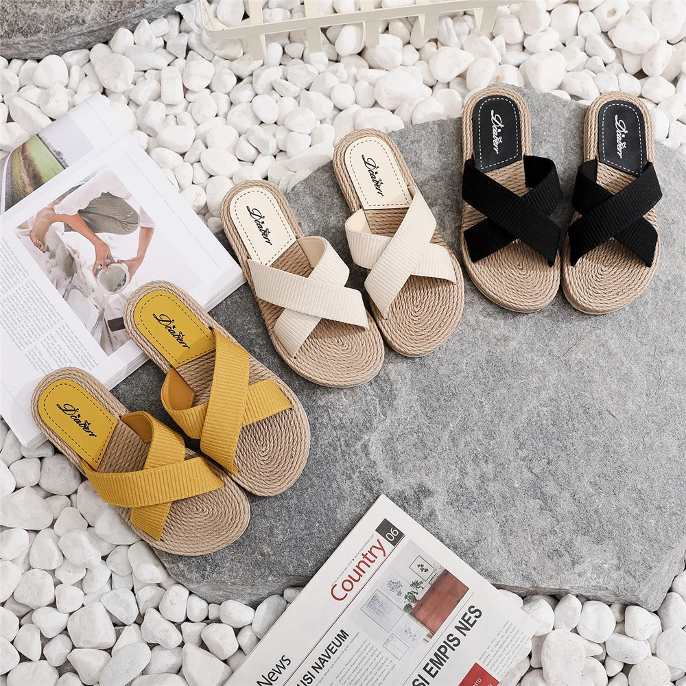 

NEWFAS Ladies New Slippers Summer Cross Drag Fashion Hemp Rope Outer Wear Slippers Casual Sandals and Slippers