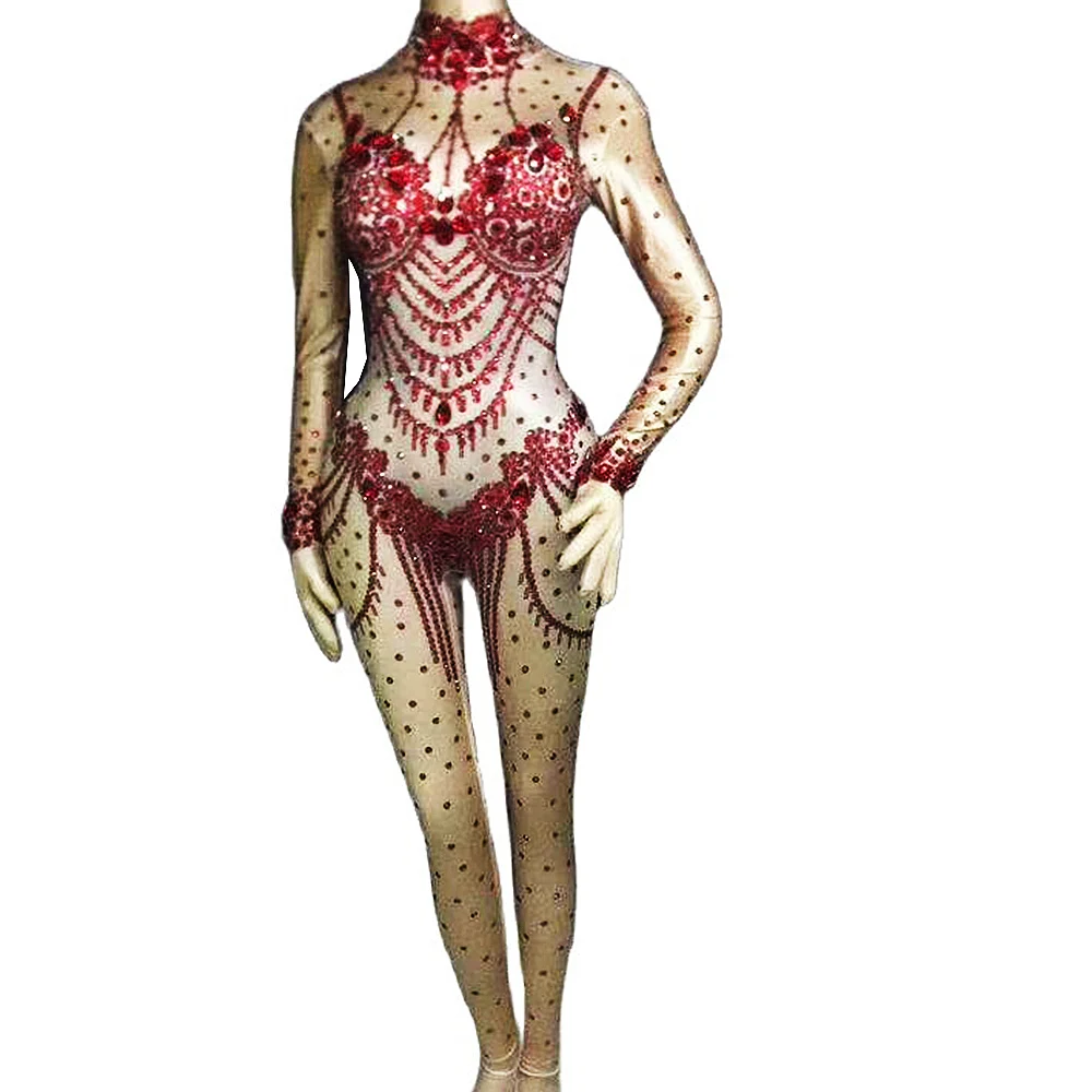 

Black And Red Shining Rhinestones Crystal Sparkly Sexy Jumpsuits For Women Pole Dance Clothing Stage Singer Perform Costumes