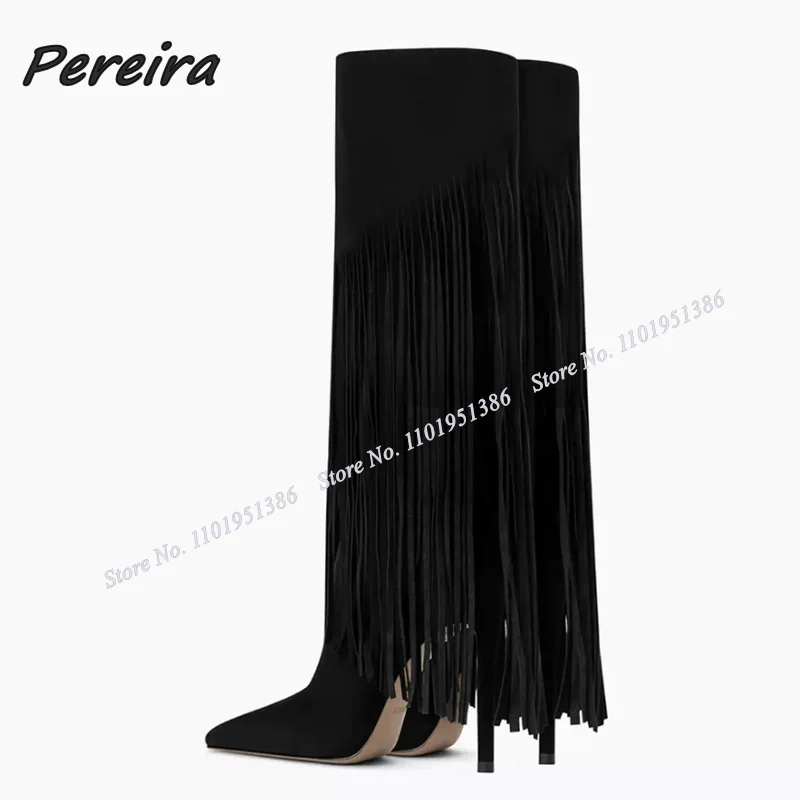 Pereira Black Solid Fringe Boots Tassel Decor Knee High Pointed Toe Stiletto Shoes for Women High Heels Winter Zapatillas Mujer