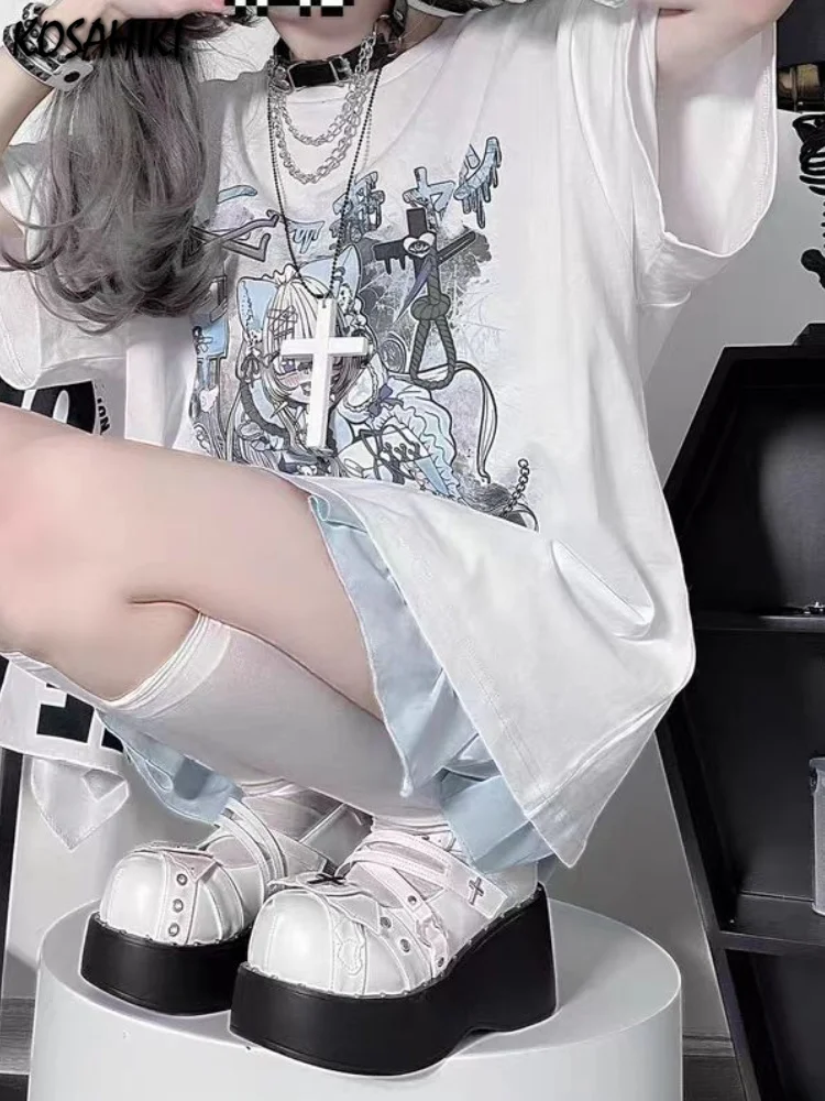 

New Japanese Cartoon Girl Print T-shirts Women Casual Loose Y2k Aesthetic Tops Summer Fairy Camisetas Harajuku Kawaii Tee