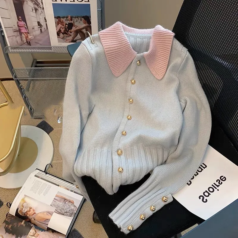 

2022 autumn and winter new blue and pink knitted sweater cardigan small fragrance contrast color doll collar short coat
