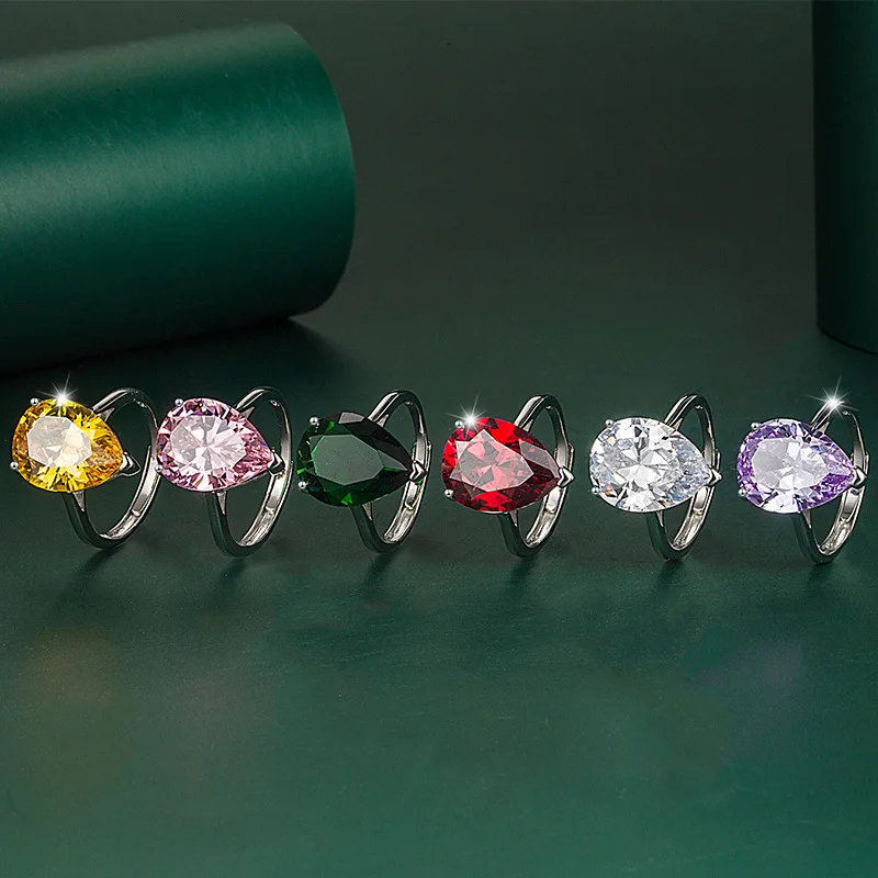 

2022 New Color Treasure Jewelry Powder Water Drop Live Ring Pear-shaped Emerald Ring Opening Adjustable Index Finger Ring