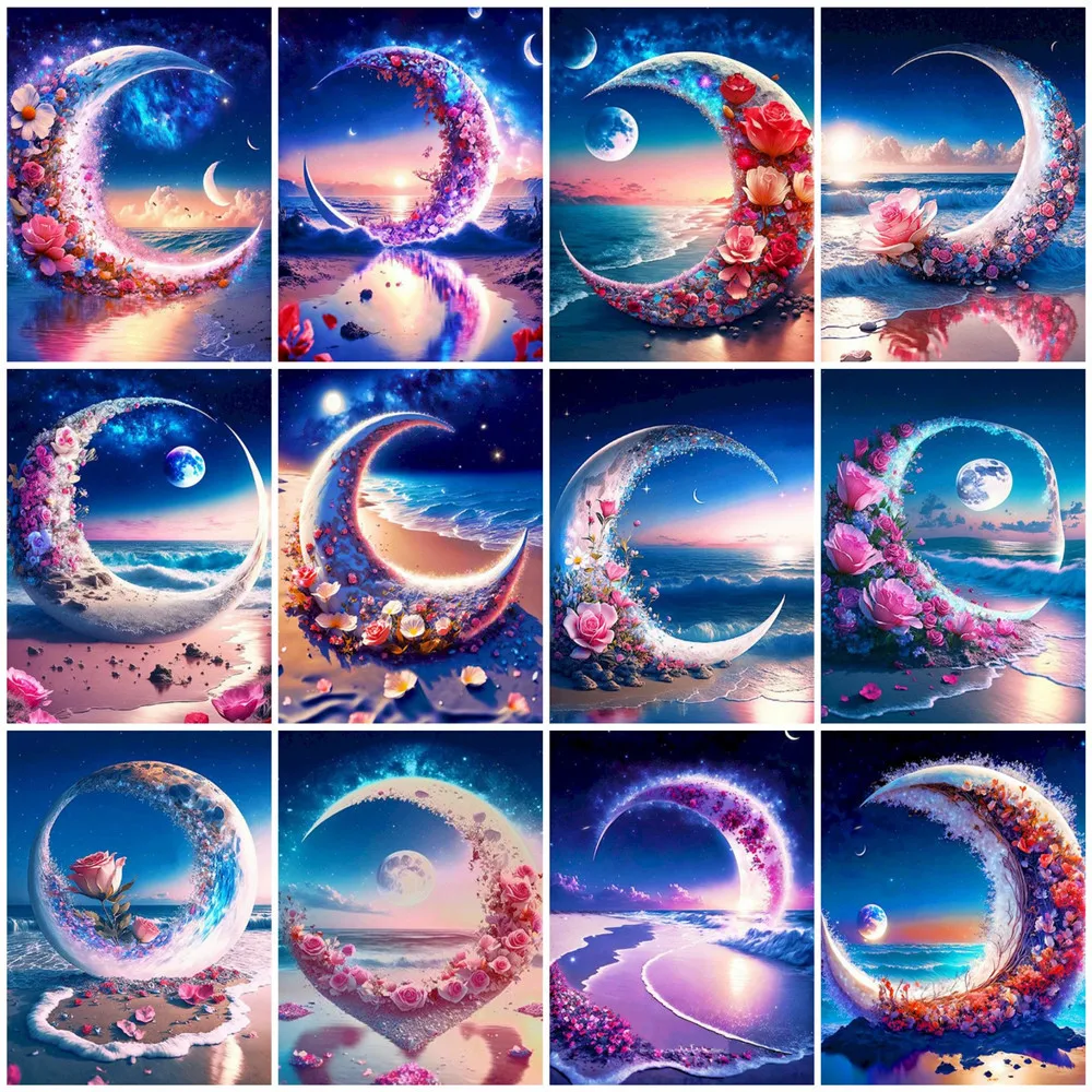 

HUACAN Picture By Number Scenery Moon DIY Frame Drawing On Canvas Flower Seaside Painting For Adult Handpainted Home Decor