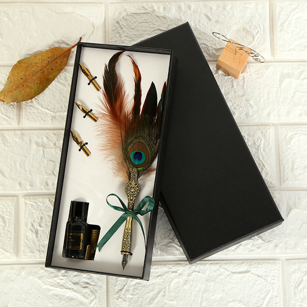 

Retro Fountain Pen Style Calligraphy Feather Dip Pen Writing Ink Set Creative Business Office Collection Calligraphy Stationery