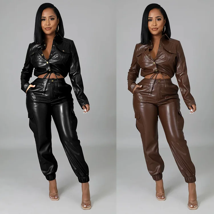 

Women's PU 2 Piece Set 2022 Fashion Jacket and Trouser Long Sleeve Coat + Pants Leather Suits Solid Color Slim Outfits