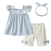 summer new girls skirt set small flying sleeve flower baby suits skirt shirt bow shorts hair band