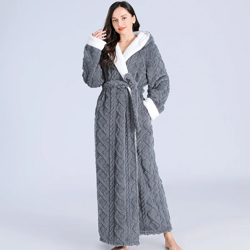 Winter Women's Thick Bathrobe Hooded Fluffy Warm Ladies Dressing Gown With Sashes Long Robe Solid Fleece Bath Robe For Female