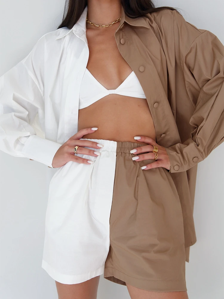 

Spring Summer Women's New 2022 Splicing Color Contrast Long Sleeved Shirt and Shorts Two-piece Cotton Leisure Fashion Suit