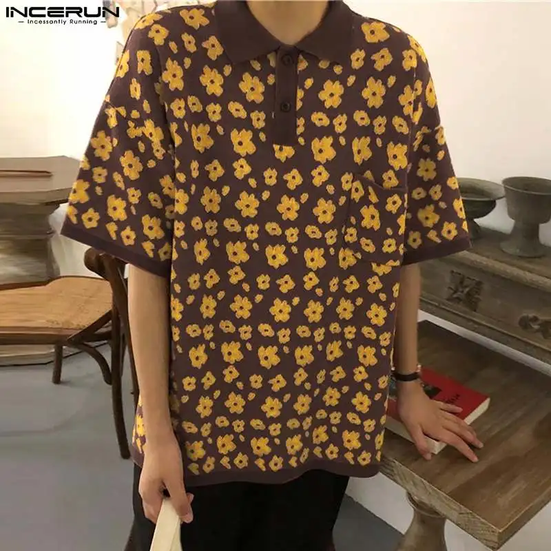 

Korean Style New Men Floral Print Pattern Knitted Shirts Casual Fashion Loose Short Sleeved Lapel Blouse S-5XL INCERUN Tops 2023