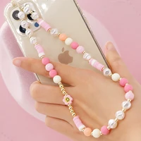 2022 trend cute smiley pearl phone chain women bohemia pink beads mobile strap telephone pendant lanyard for phone jewelry charm