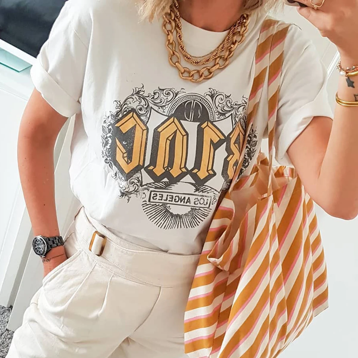 

Letter Ink Tee T-shirt Women Graphic Cotton Rock n Roll Tshirt Tops 2021 Fashion Streetwear Femme T-shirts Shirts