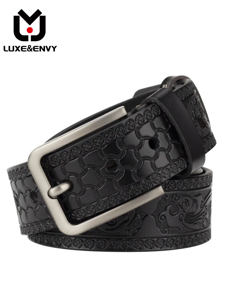 LUXE&ENVY Embossed Needle Buckle Two-layer Cowhide Belt Casual Decoration Retro Trendy Unisex Spring Summer 2023 New