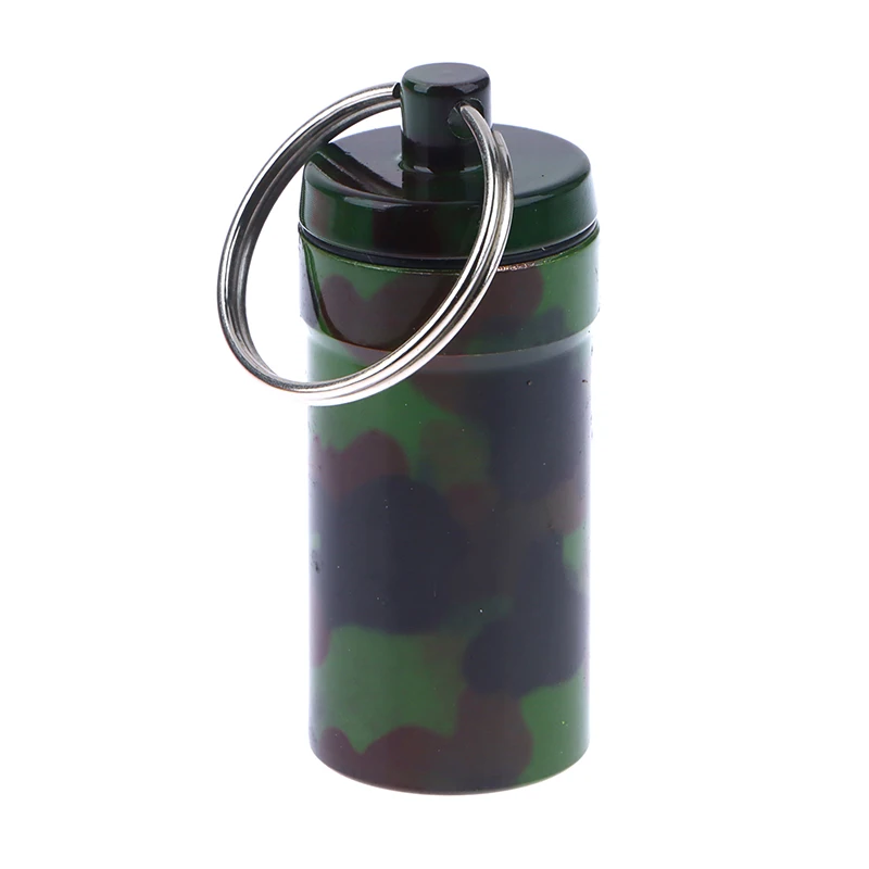 

1Pc Round Camouflage Waterproof Aluminum Alloy Medicine Box Container Bottle Holder Keychain Carabiner Outdoor Pill Case