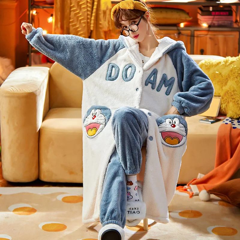 New Women Flannel Pajamas Women Winter Keep Warm Students Cute Cartoon Coral Fleece Robe Nightgown Comfortable Household Wear
