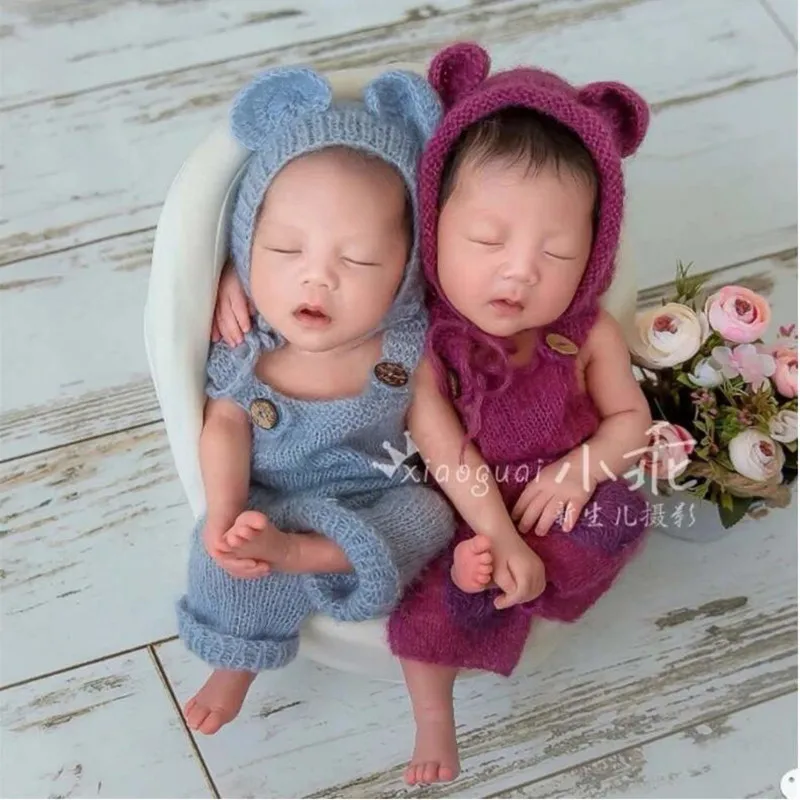

Handmade Cute Mohair Teddy Bear Hat Shorts Rompers Sets Knitted Baby Photography Clothes Outfits Newborn Photography Props