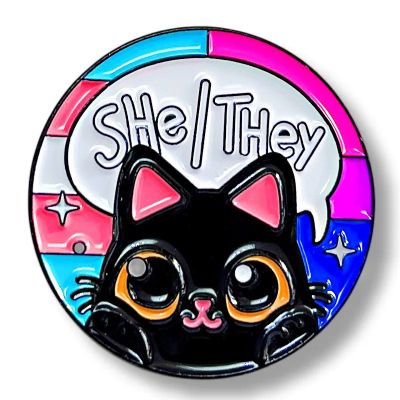 

She They Pronoun Black Cat Enamel Pin Brooch Metal Badges Lapel Pins Brooches for Backpacks Luxury Designer Jewelry Accessories