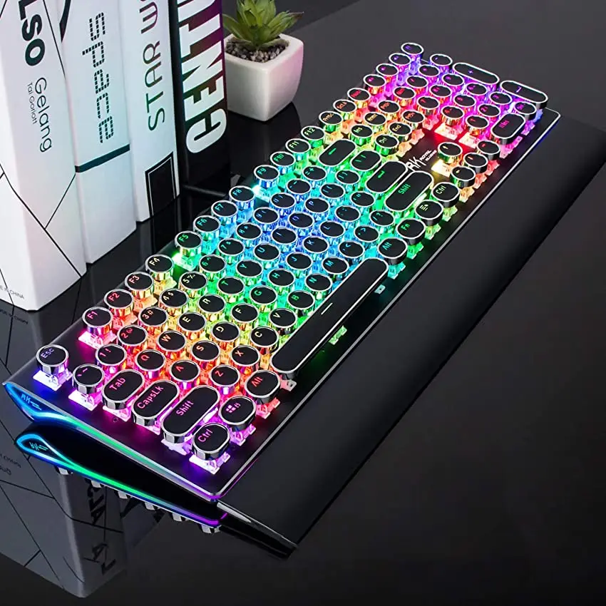 

Royal Kludge RK108 Typewriter USB Wired Mechanical Gamer Keyboard RGB Backlit Collapsible Wrist Rest 108-Keys Retro Round Keycap