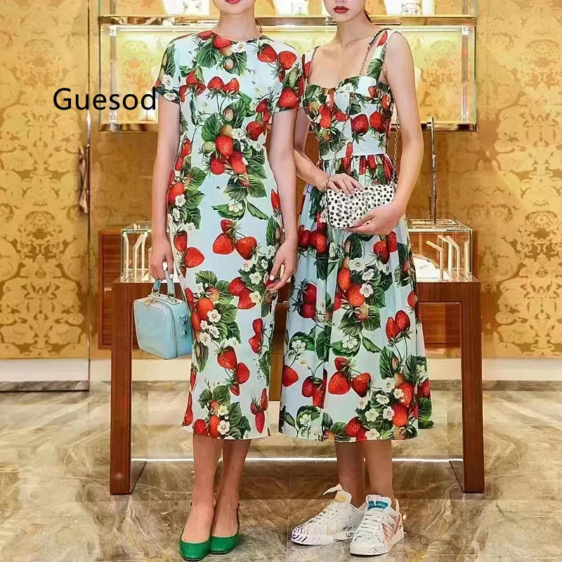 

Guesod Women Silk Dress Top Quality Georgette Silk Strawberry Print Short Sleeve 2022 Autumn O-Neck Medium Length Dress New