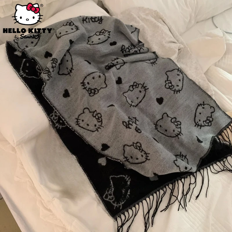 

Sanrio, Hello Kitty двухсторонний шарф осенне-зимний вязаный черный женский теплый шарф с кисточками аниме шаль шарф Рождественский подарок