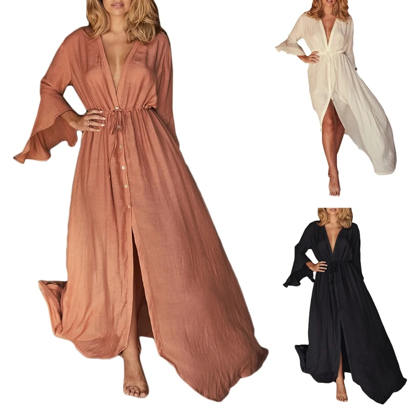

2022 New Summer Dress Women's Solid Color Maxi Dresses Long Sleeve Beach Long Dress Women's Clothing