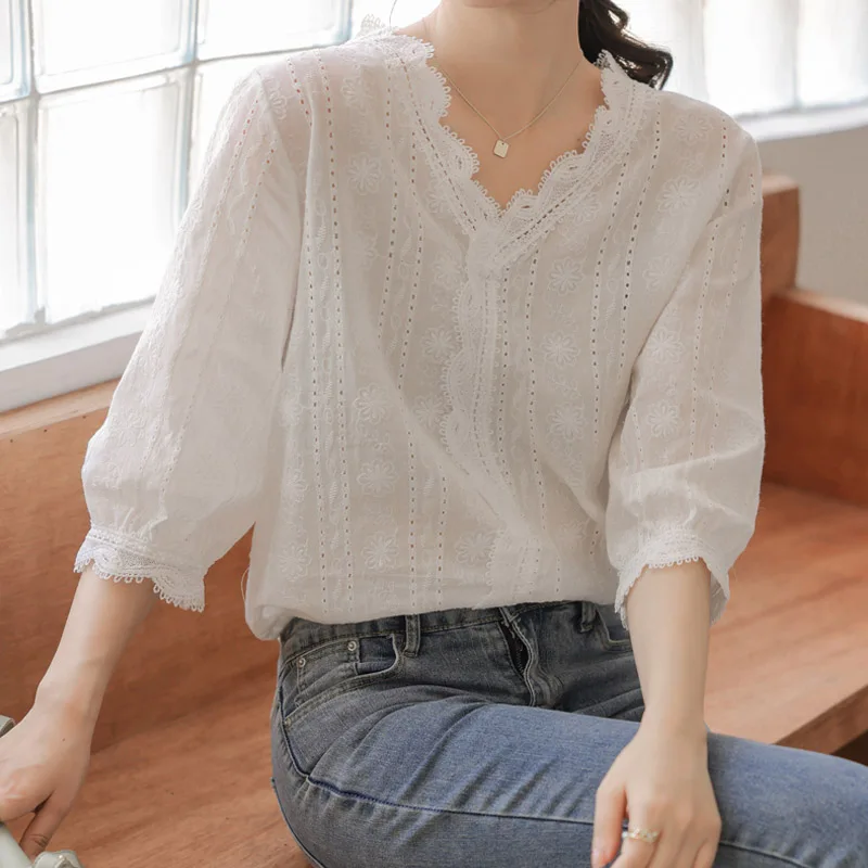 

Summer Pure Color French V-neck Puff Sleeves Chic Shirt Women's Thin 2023 Summer New Short Sleeve Shirt Small Fresh Top T217