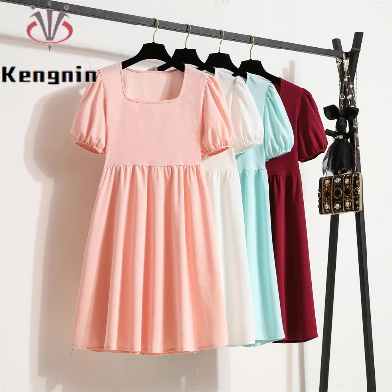 

New 2022 Summer Simple Women's Dresses Solid Color Suqare Collar Female Robe Office Lady Work Vestido Mini Dress Clothing KN495