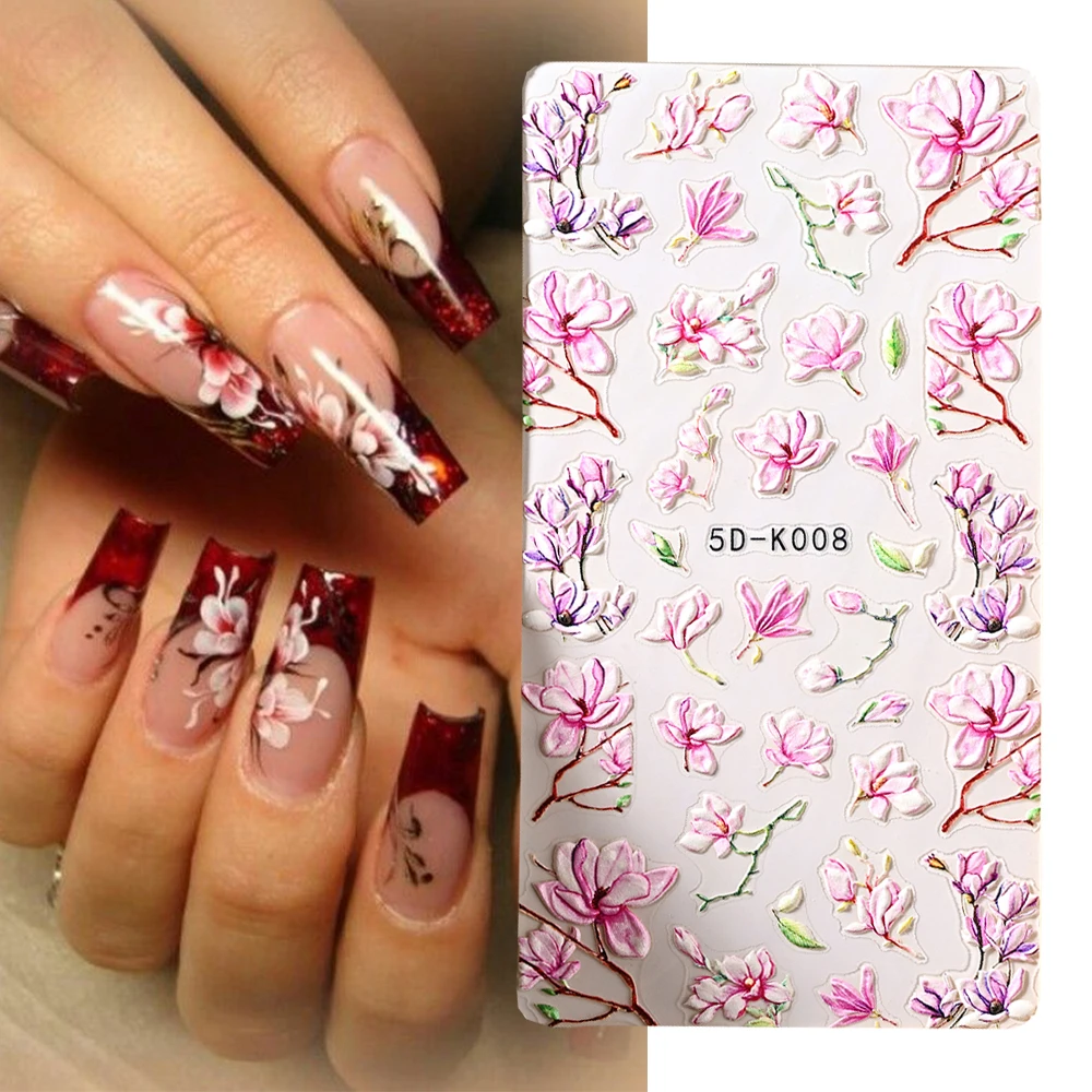 

5D Acrylic Flowers Nail Stickers Ribbon Lace Wedding Design Abstract Floral Embossed Sliders Manicure DIY Decals Nail Accesories