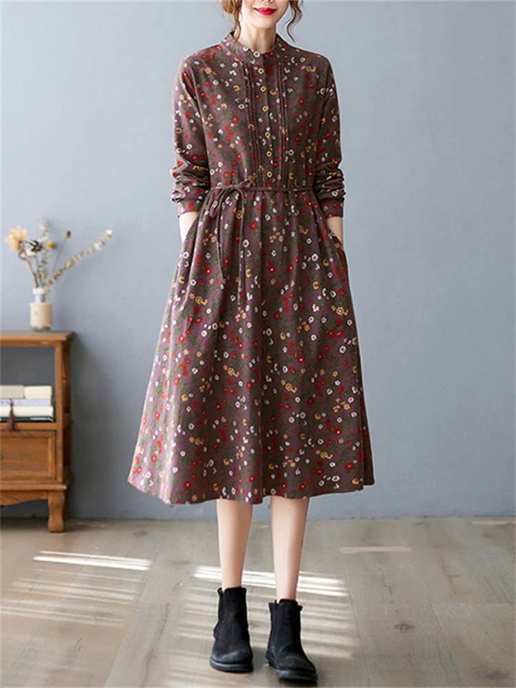 Женское Хлопковое платье с длинным рукавом повседневное элегантное винтажное