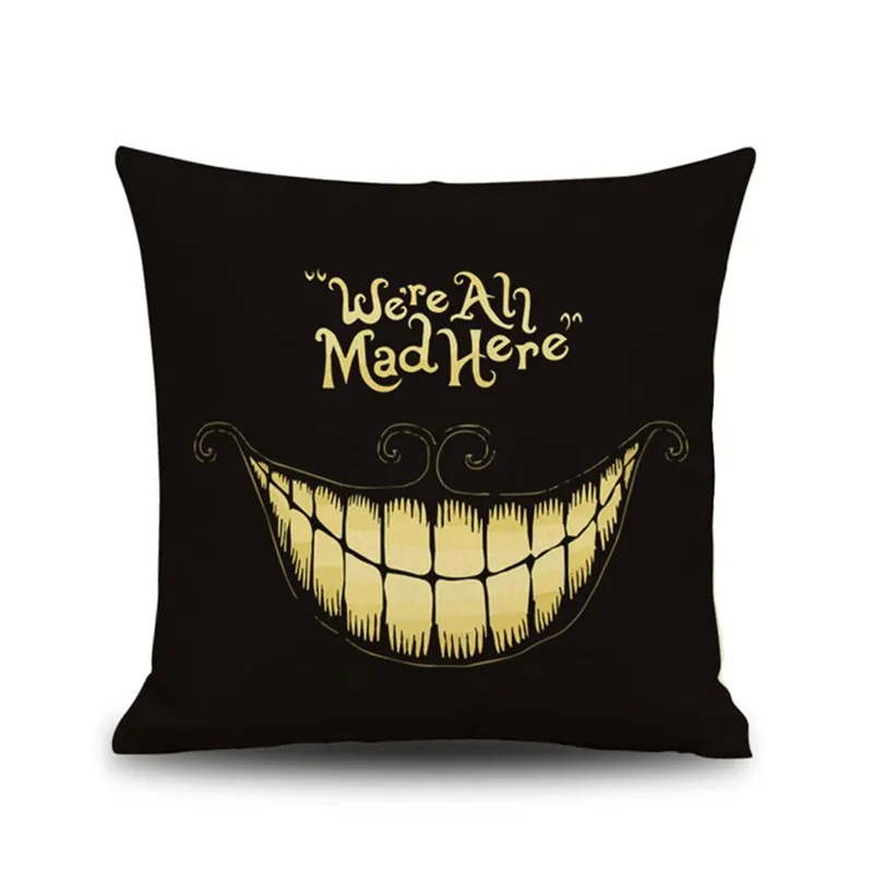 

Alice In Wonderland We Are All Mad Pillow Case Linen 45*45 Decor Cushion Cover for Sofa Home Throw Pillowcase