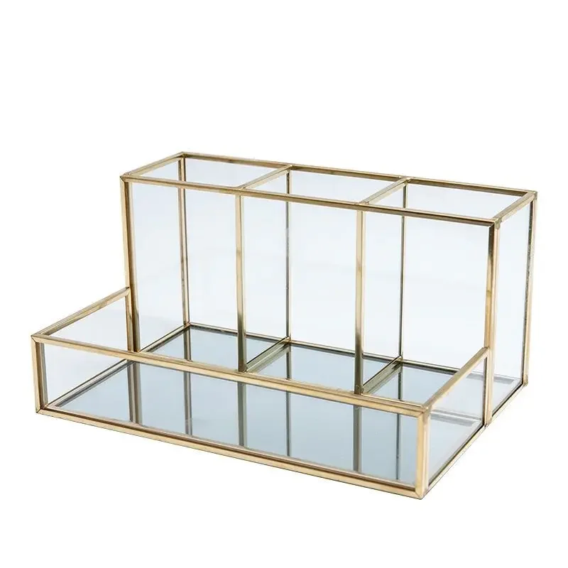 

Organizer Pencil Organizer Edge Cosmetic Lipstick Makeup Perfume Covered Bathroom Box Tools Organizer Glass Golden With Makeup