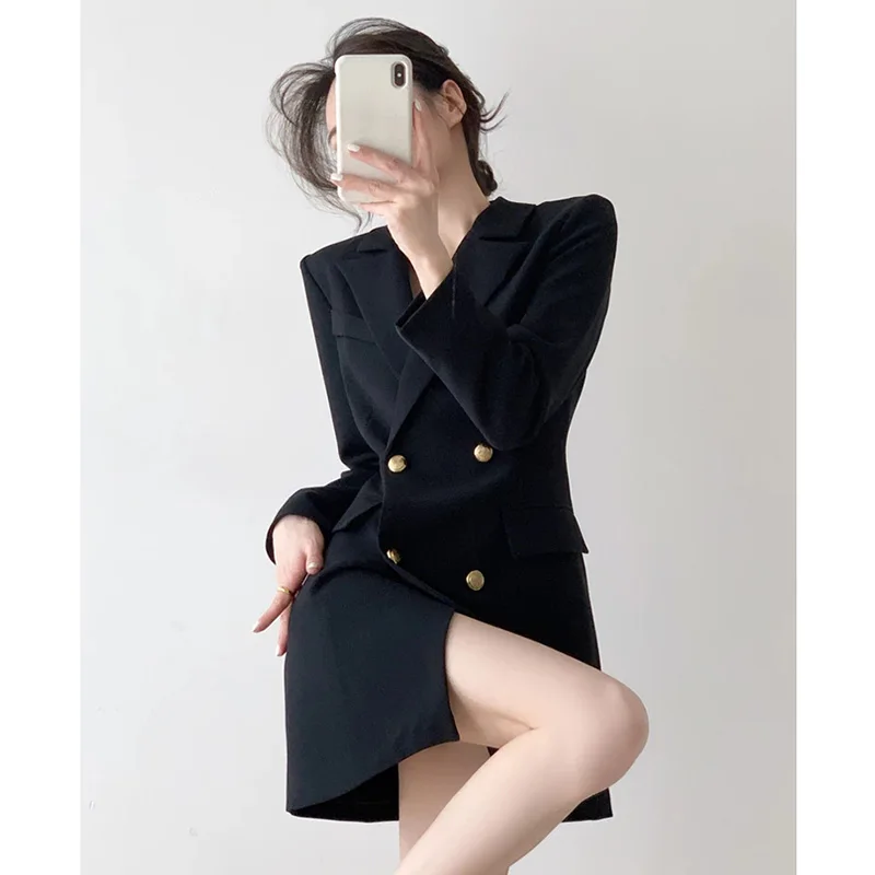 Autumn New Suit Dress 2022 High Waist Double Breasted Black French Coat Woman