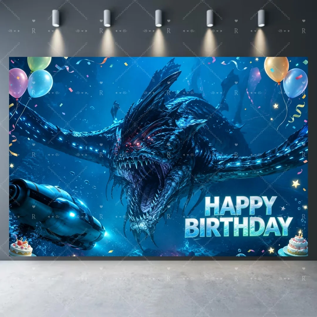 Фото Декор для дня рождения в стиле игры Subnautica: морские монстры, водный мир, воздушные шары с цифрами, топперы для торта, баннеры, реквизит для фотосессии. №4