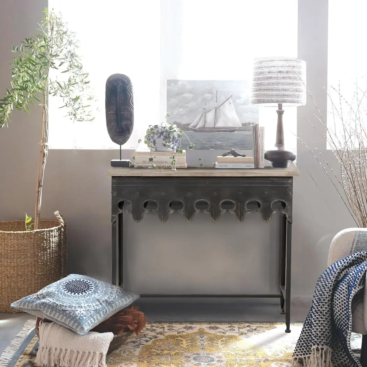 Деревенский фермерский металлический консольный стол с верхом из массива дерева