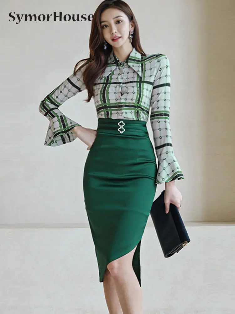 Dress Women Elegant Flare Sleeve Green Party Office Shirts D