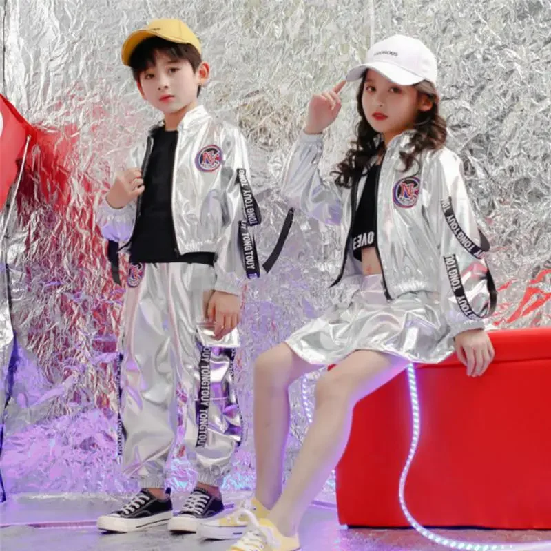 

Costumes Wear Ballroom Dancing Clothes Outfits Kids Silver Hip Hop Clothing T Shirt Jacket Tops For Child Girls Boys Jazz Dance