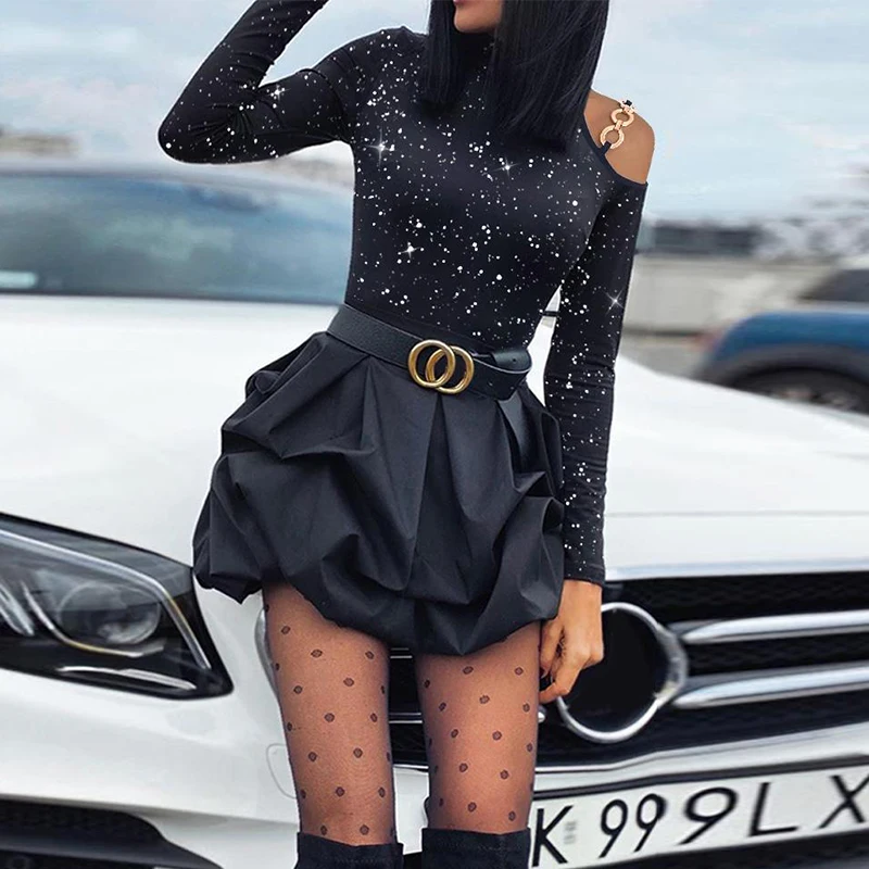 

Весеннее женское мини-платье в стиле High Street, модное черное платье с длинным рукавом и лепестками, женское облегающее сексуальное праздвечер...