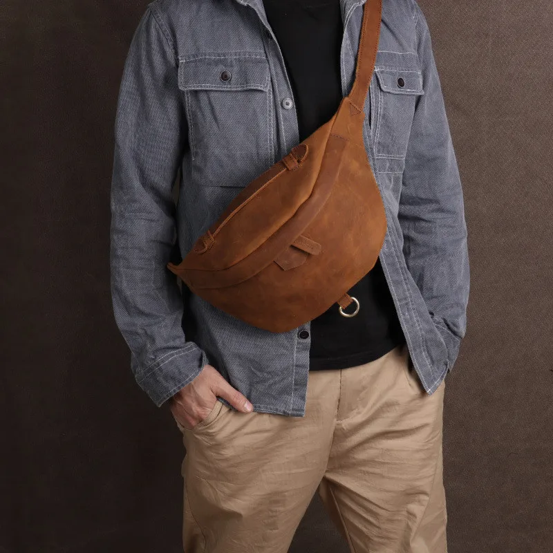 Retro fashion design crazy horse cowhide men chest bag daily outdoor sports summer work real leather messenger bag for teenagers
