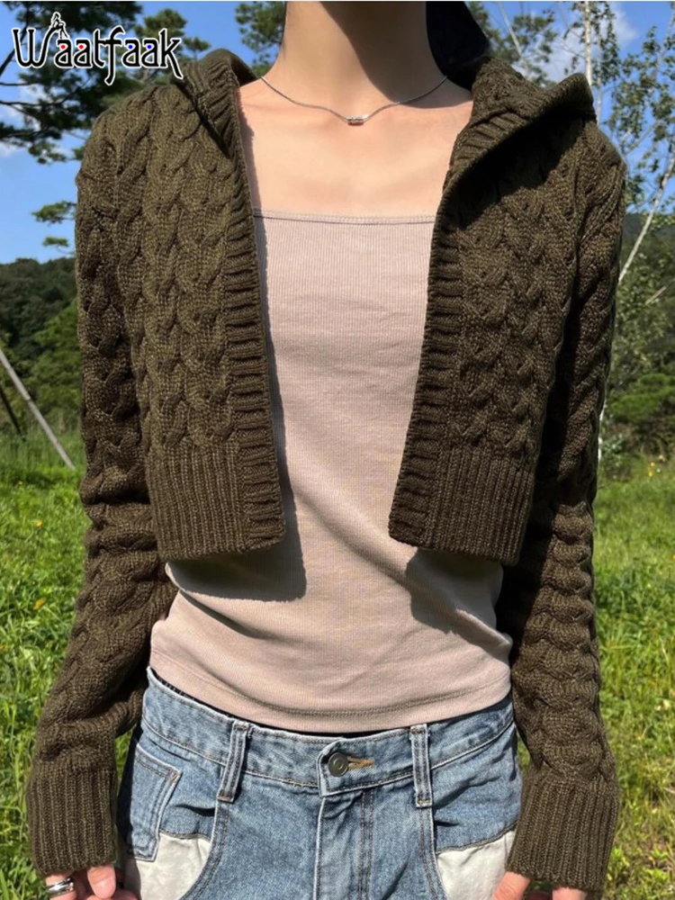 

Waatfaak Knot Cute Green Y2K Cardigan Harajuku Grunge Hooded Long Sleeve Crop Top Women Streetwear Red Knit Sweater Women 2022