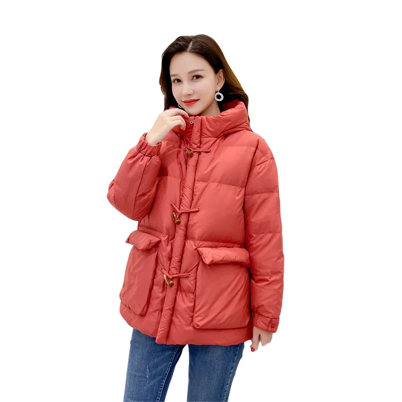 2023 Loose bread winter jacket new horn button down jacket female 90% white duck down thick hooded warm white coats