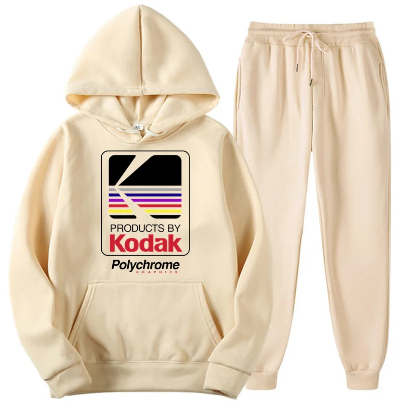 Products By Kodak Polychrome Solid Color Men Set Men's Women's Fleece Hoodies + Pants Two-Piece Tracksuit Trendy Sportswear Set