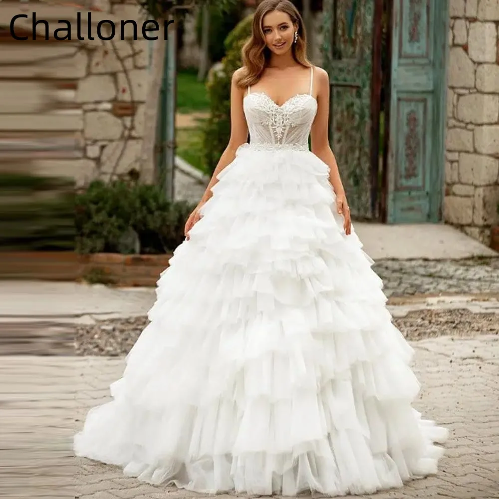 

Challoner Tiered with Ruched Bride Ball Gown Wedding Dress Appliques for Women Lace Beaded Backless Court Train Vestido de Novia