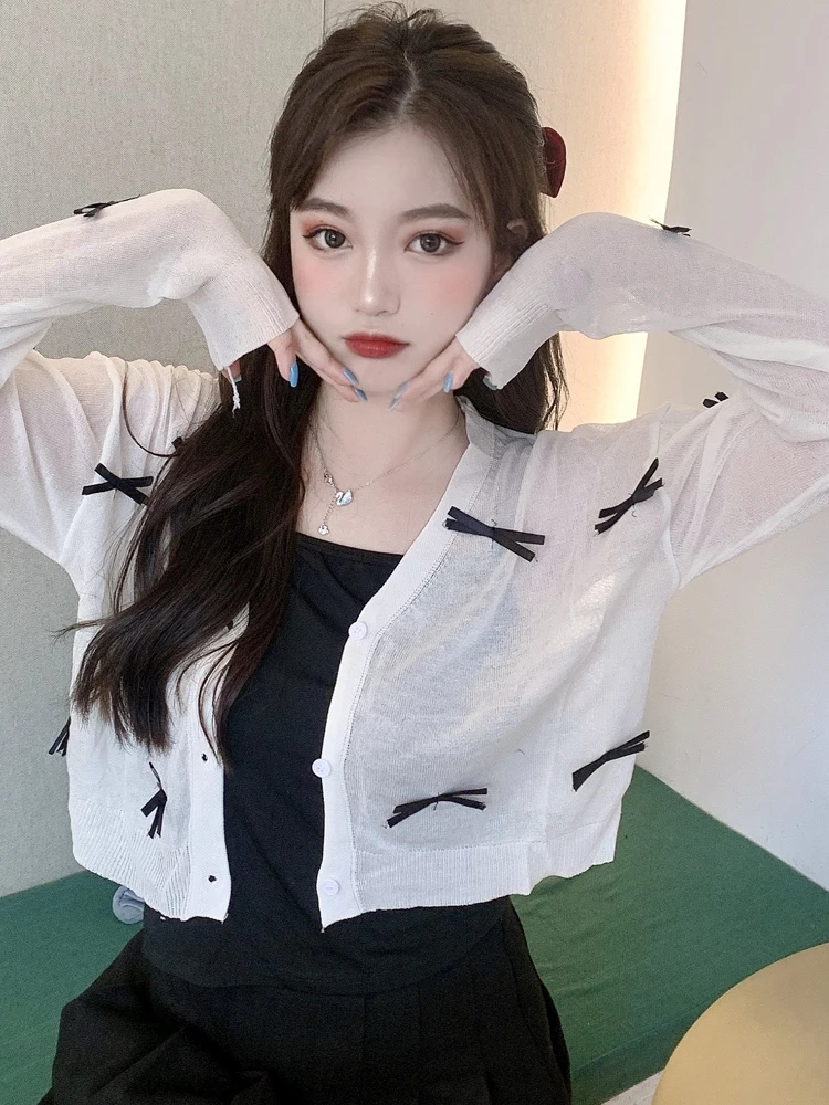 

Spring Summer New V-Neck Single-breasted Full Sleeve Shirt Korean Sweety Fresh Bow Design Loose Thin Short White Knitting Tops