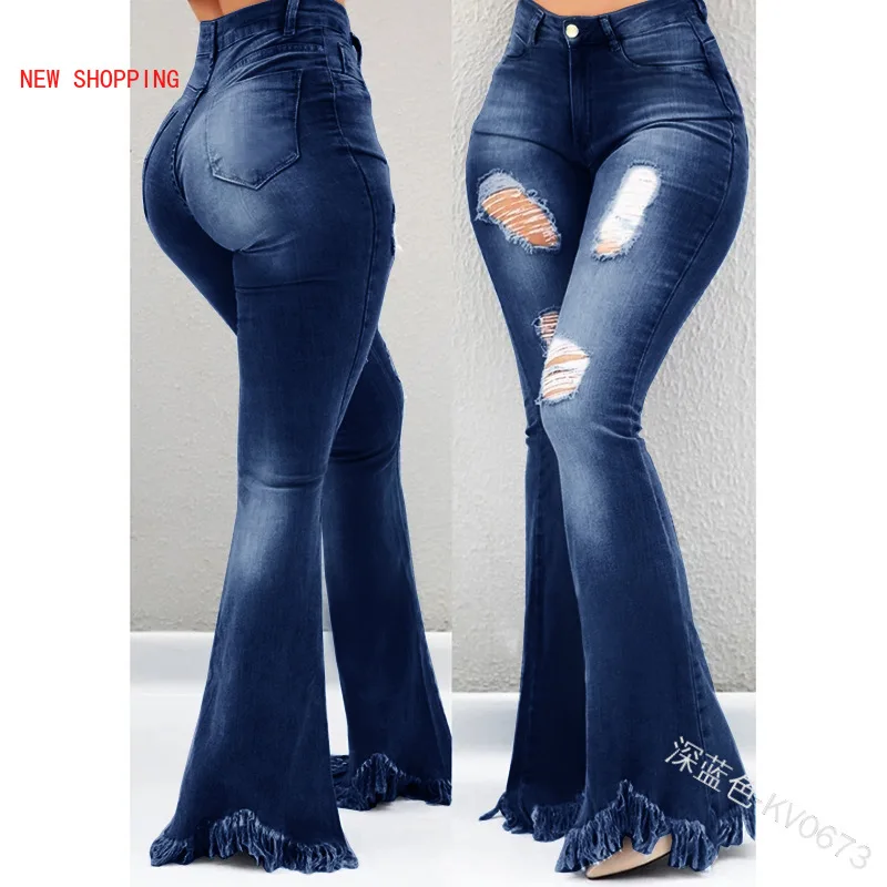 Plus Size Wide Leg Denim Pants  Autumn 2021 High Waist Flare Jeans Black Ripped Female Jeans for Women Skinny Jeans Mom Pants