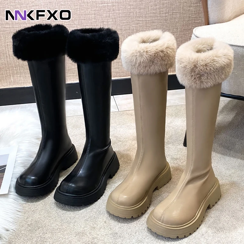 

Зимние женские сапоги до колена 2022 модные меховые теплые длинные сапоги на толстой плюшевой подкладке для женщин водонепроницаемые Нескол...