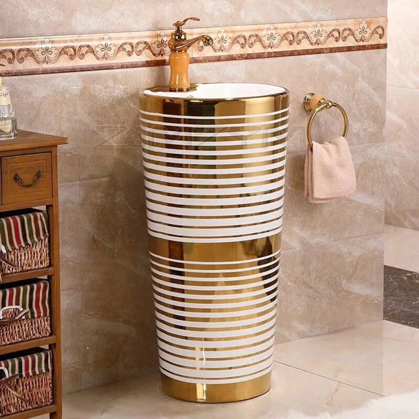 

Золотая Современная стильная раковина с круглым основанием керамическая раковина для ванной комнаты с подставкой Подиум раковина 400*400*850 м...