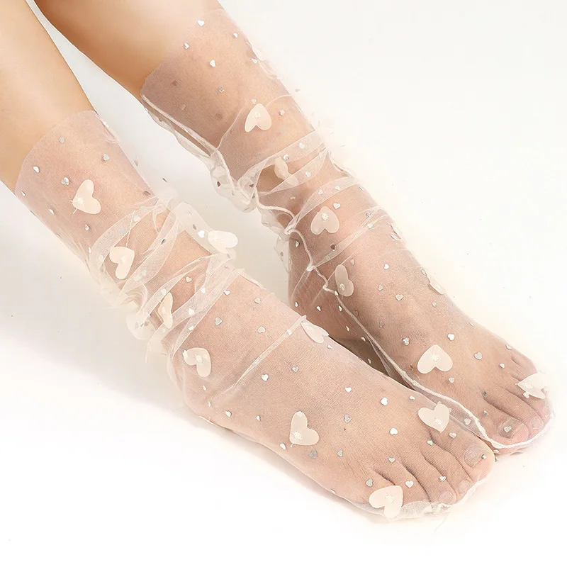 Heart Print Mesh Socks Women Summer Simple Floral Lace Tulle Stockings Transparent Mid-tube Ultra Thin Chiffon Lace Up Socks