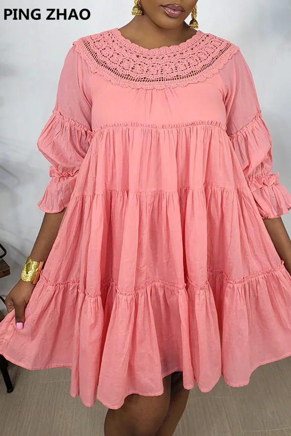 

PING ZHAO Women Elegant Dress Female Splicing Dress Floral Hollow Out Loose Casual Party Vestidos