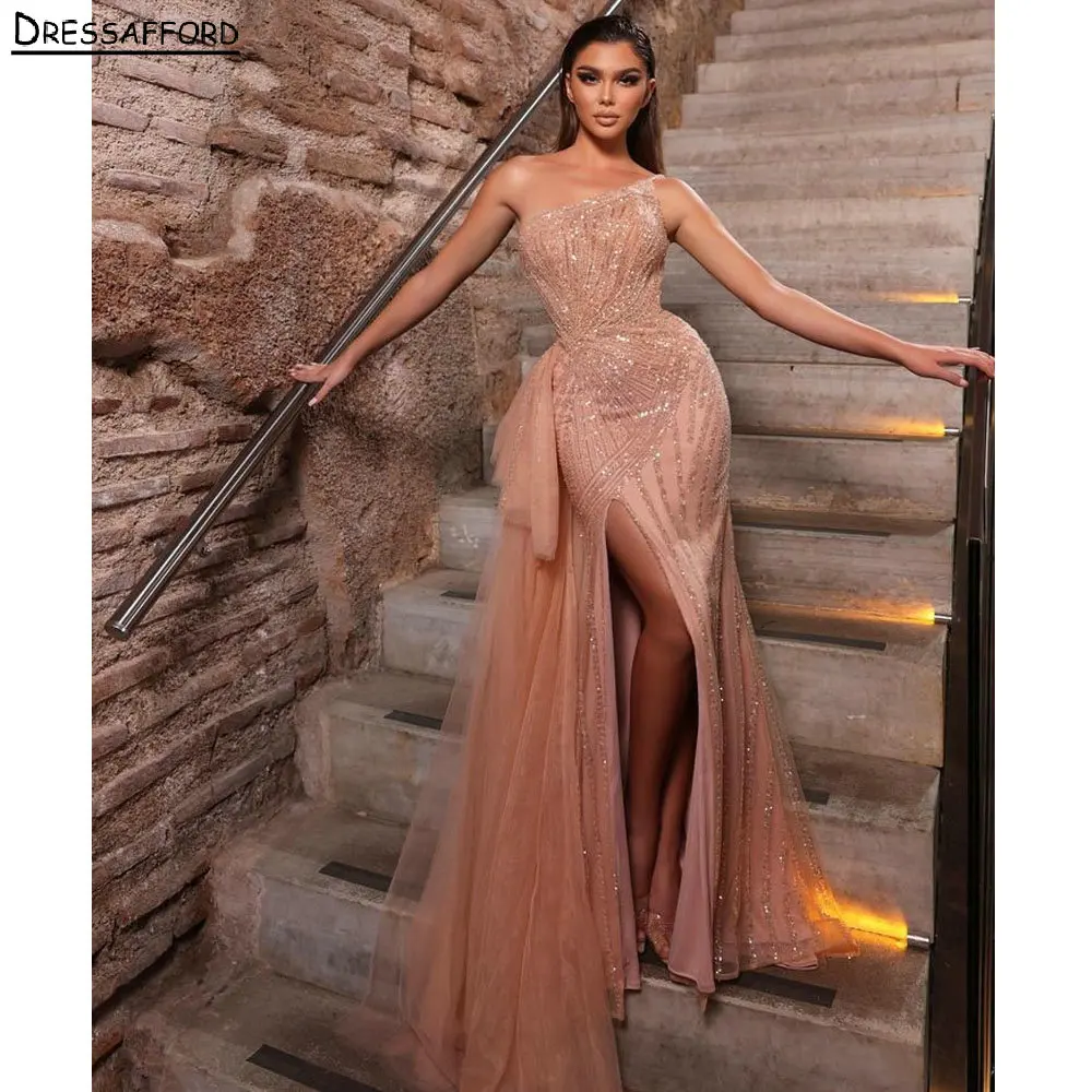 

Женское вечернее платье с юбкой годе, розовое платье с одним открытым плечом и разрезом сбоку, украшенное кристаллами и стразами, официальн...